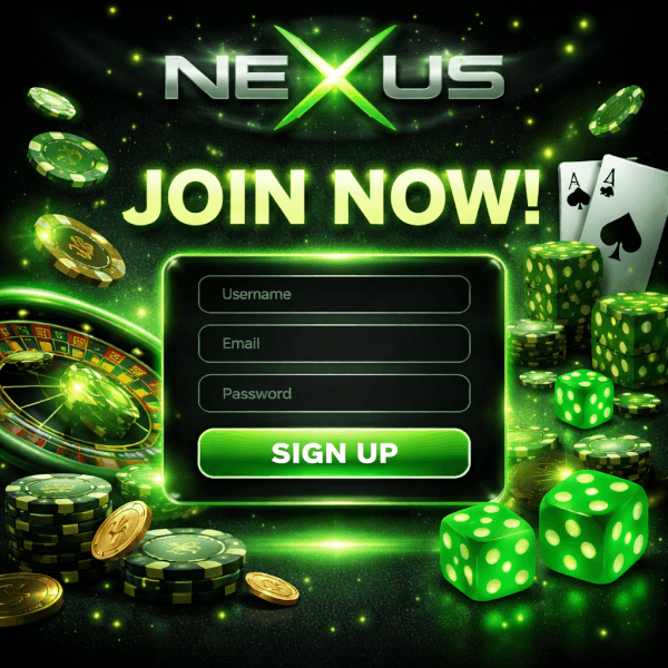 NEXUS account access page for an online casino featuring a polished design game lobby entry and a wide selection of casino entertainment